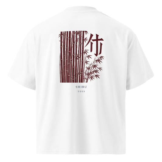 Vintage White — T-shirt bamboo woodblock print back. Japanese graphic art.