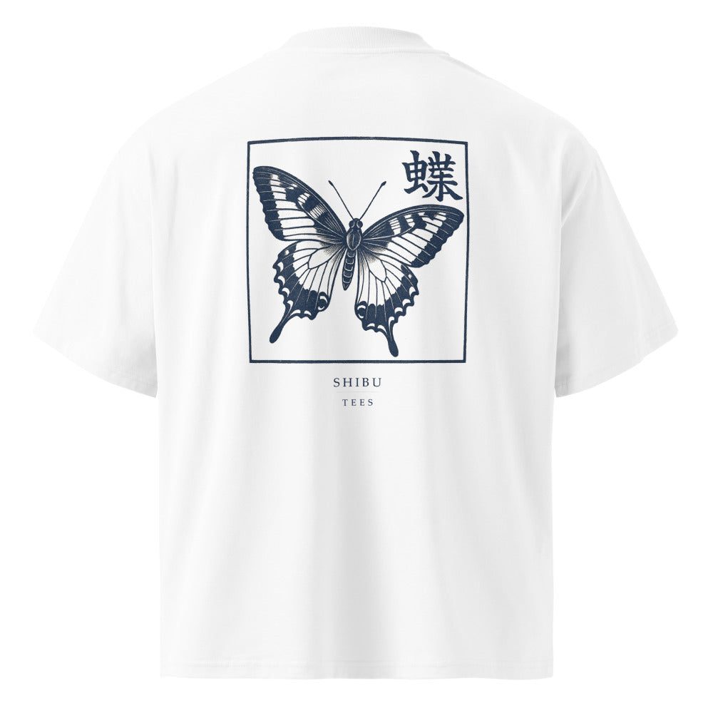 Vintage White — T-shirt butterfly woodblock print back. Japanese swallowtail.