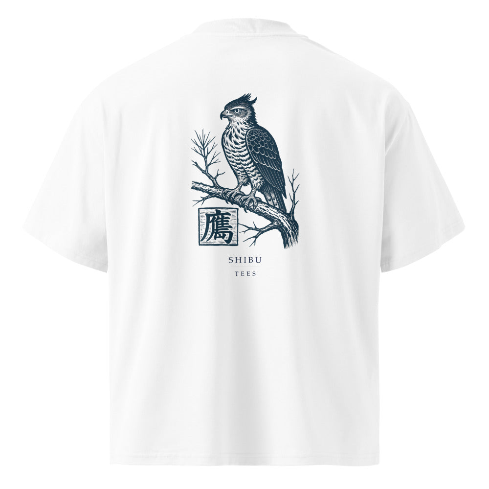 Vintage White — T-shirt eagle woodblock print back.