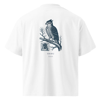 Vintage White — T-shirt eagle woodblock print back.