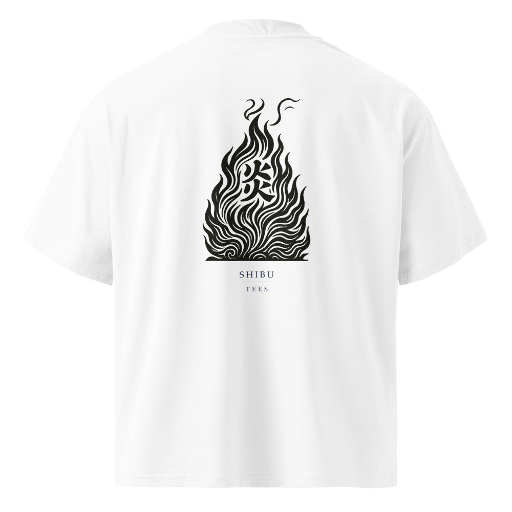 Vintage White — T-shirt fire woodblock print back. Monochrome flames.