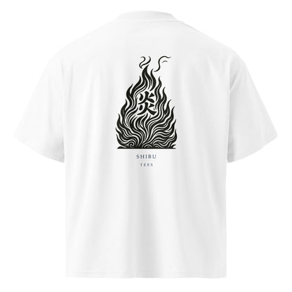 Vintage White — T-shirt fire woodblock print back. Monochrome flames.