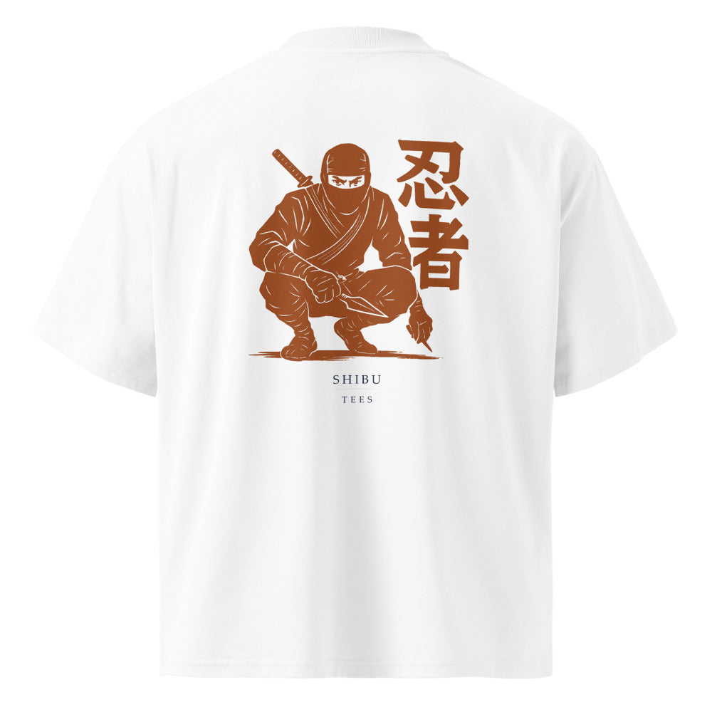Vintage White — T-shirt ninja woodblock print back view.