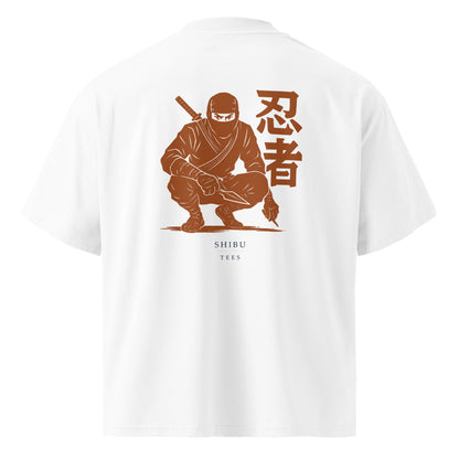 Vintage White — T-shirt ninja woodblock print back view.