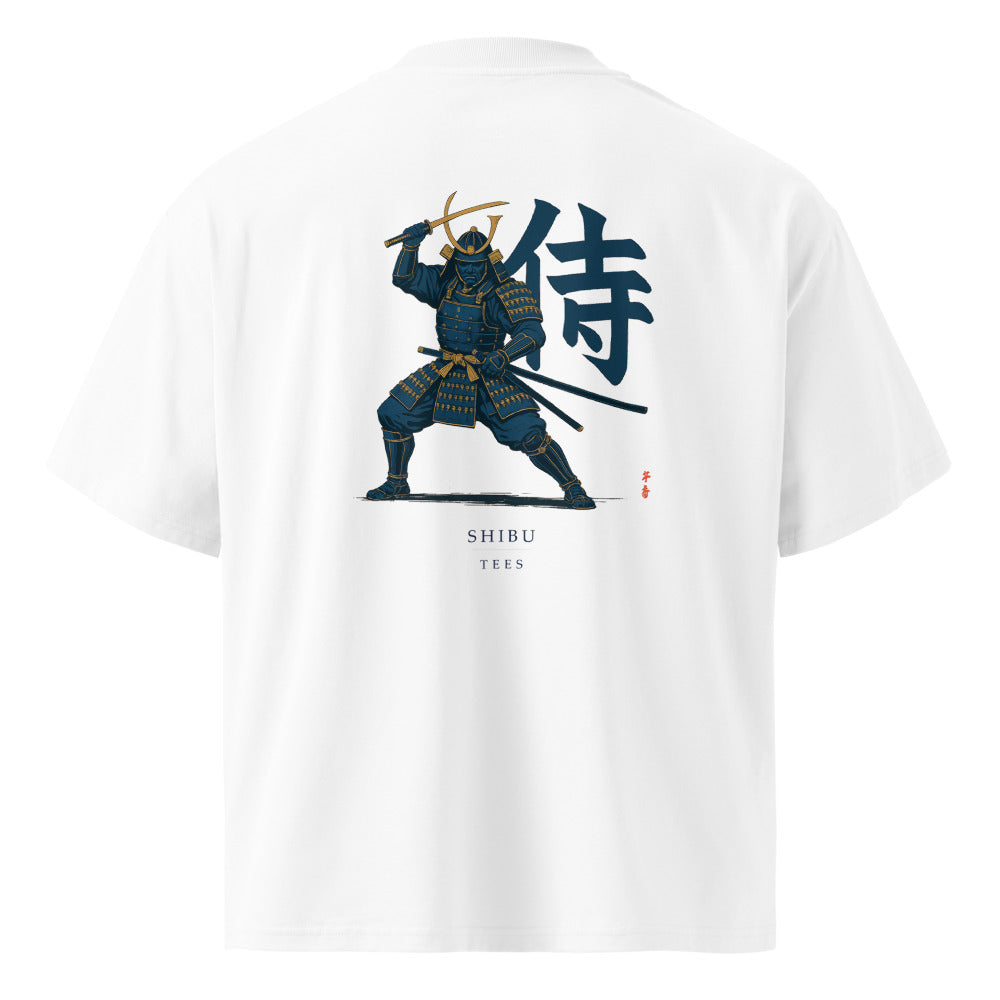 Vintage White — T-shirt samurai woodblock print back. Vintage Japanese warrior illustration.