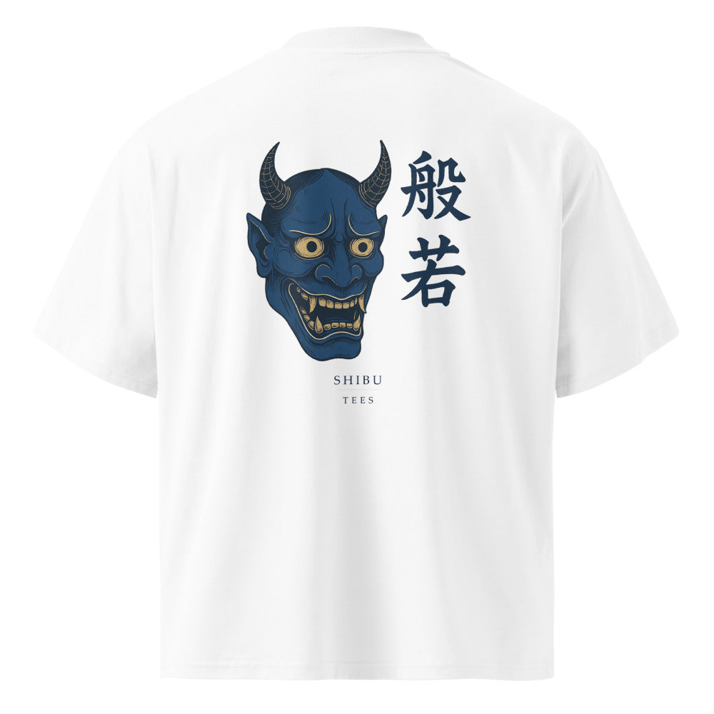 Vintage White — T-shirt skull woodblock print back. Monochrome design.