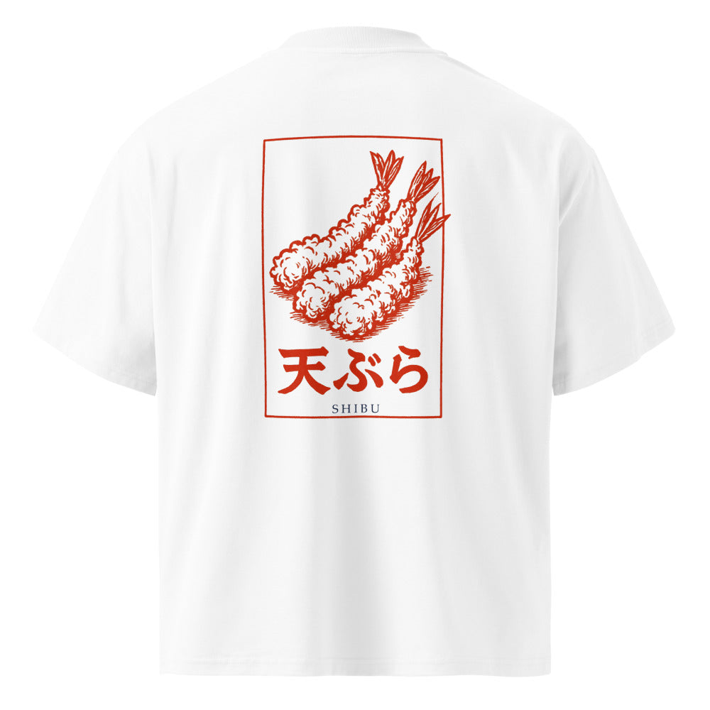 Vintage White — T-shirt tempura shrimp woodblock print back.