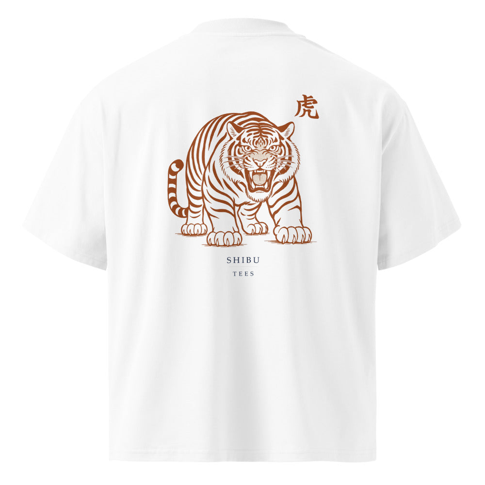 Vintage White — T-shirt tiger woodblock print back. Bold ukiyo-e style.