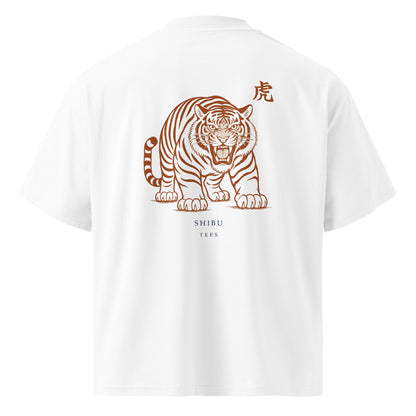 Vintage White — T-shirt tiger woodblock print back. Bold ukiyo-e style.