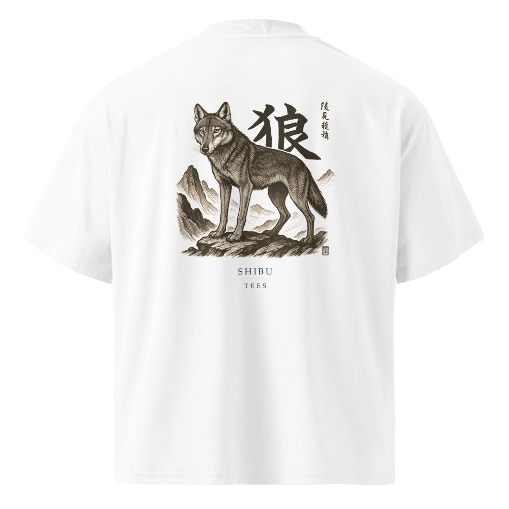 Vintage White — T-shirt wolf woodblock print back. Intricate design on vintage white.