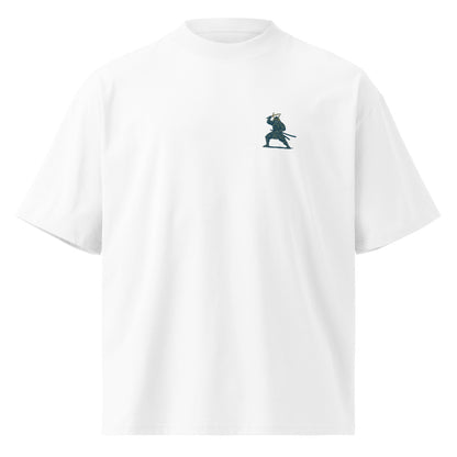 Vintage White — T-shirt samurai chest print monochrome. Warrior in battle stance illustration.